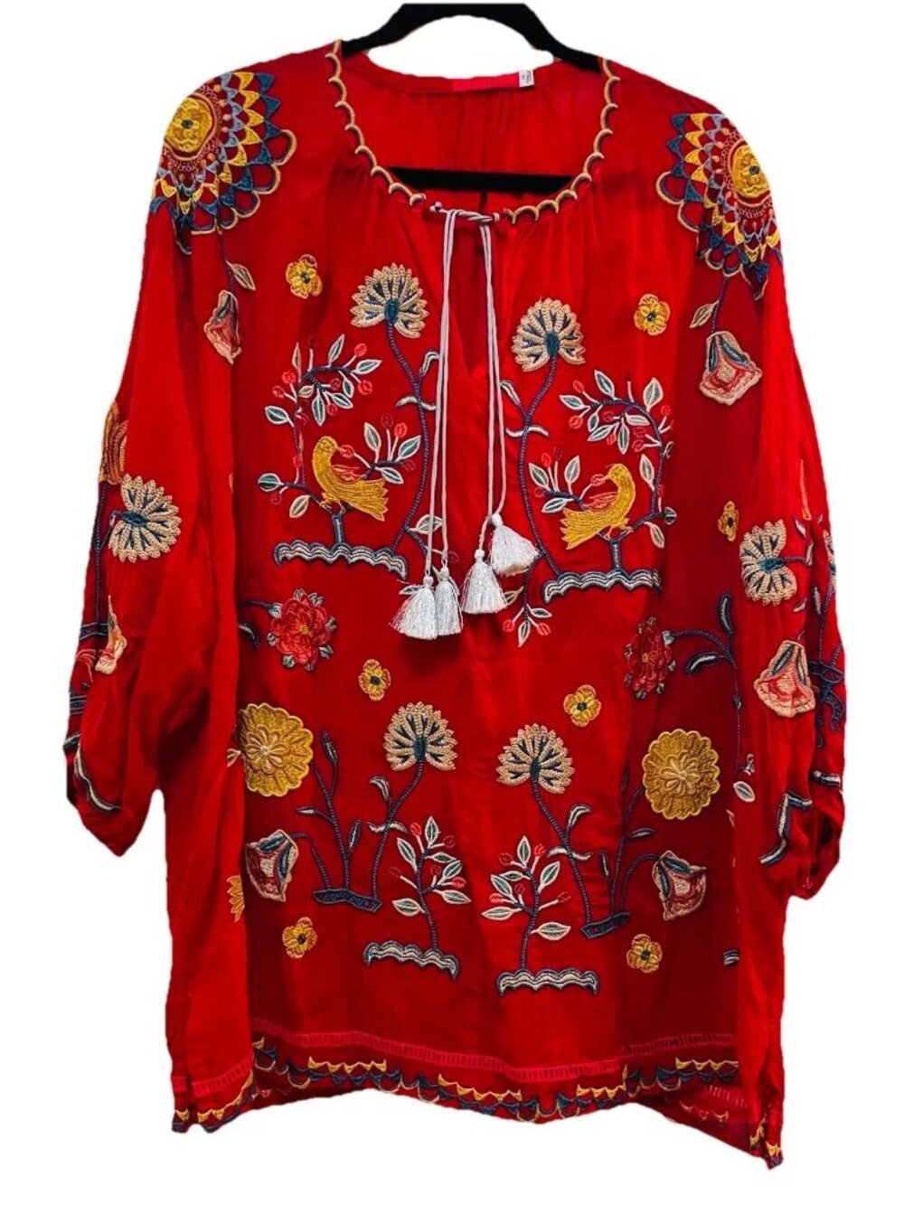 JOHNNY WAS Red "Mayson" Floral Embroidered  3/4 Length Sleeves Tunic Shirt Sz 2X - Picture 3 of 15
